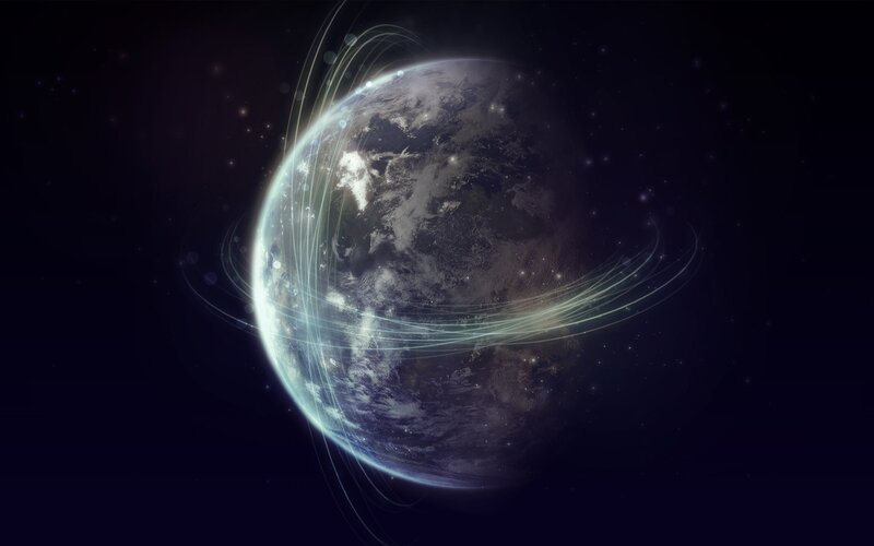 Earth from Space — Blue, Serene, Night, Digital Art, Stars, Clouds, Orbit