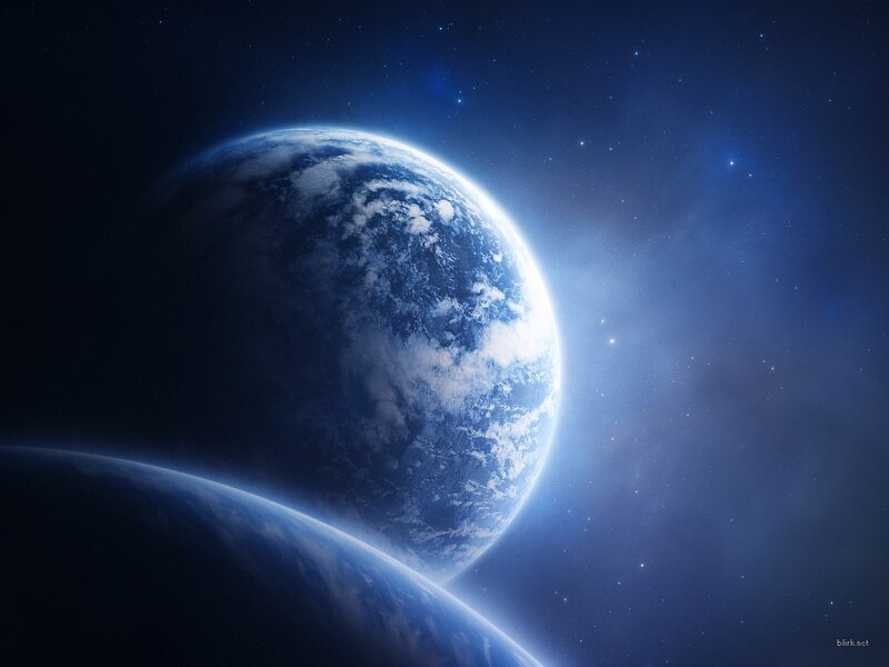 Earth from Space — Blue, Serene, Night, Digital Art, Stars, Clouds, Planet