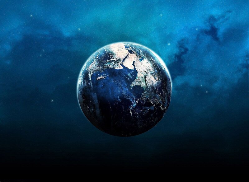 Earth from Space — Blue, Serene, Night, Digital Art, Stars, Clouds