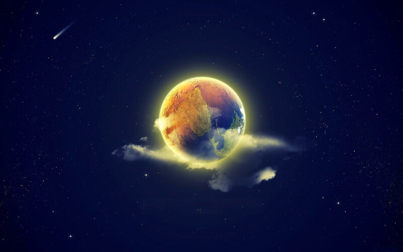 Earth from Space — Blue, Serene, Night, Digital Art, Stars, Comet