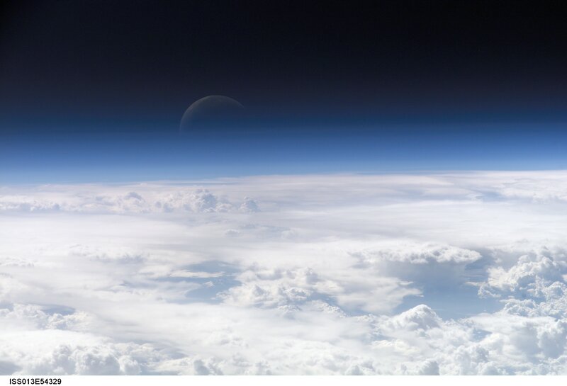 Earth from Space — Blue, Serene, Photograph, Clouds, Moon, White, Black, Iss013e54329