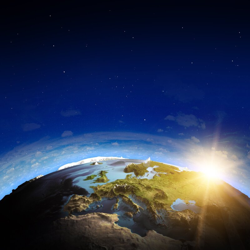 Earth from Space — Blue, Serene, Sunrise, 3d Render, Sun, Clouds