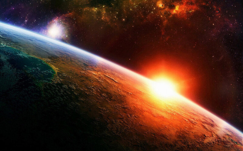 Earth from Space — Orange, Dramatic, Sunset, Digital Art, Sun, Stars, Planet, Blue, Black