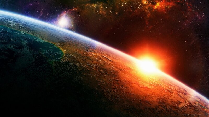 Earth from Space — Orange, Dramatic, Sunset, Digital Art, Sun, Stars, Planet