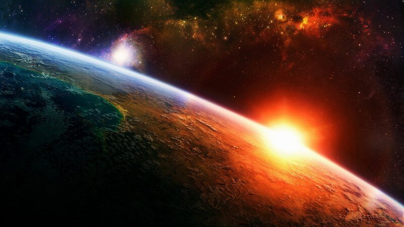 Earth from Space — Orange, Dramatic, Sunset, Digital Art, Sun, Stars
