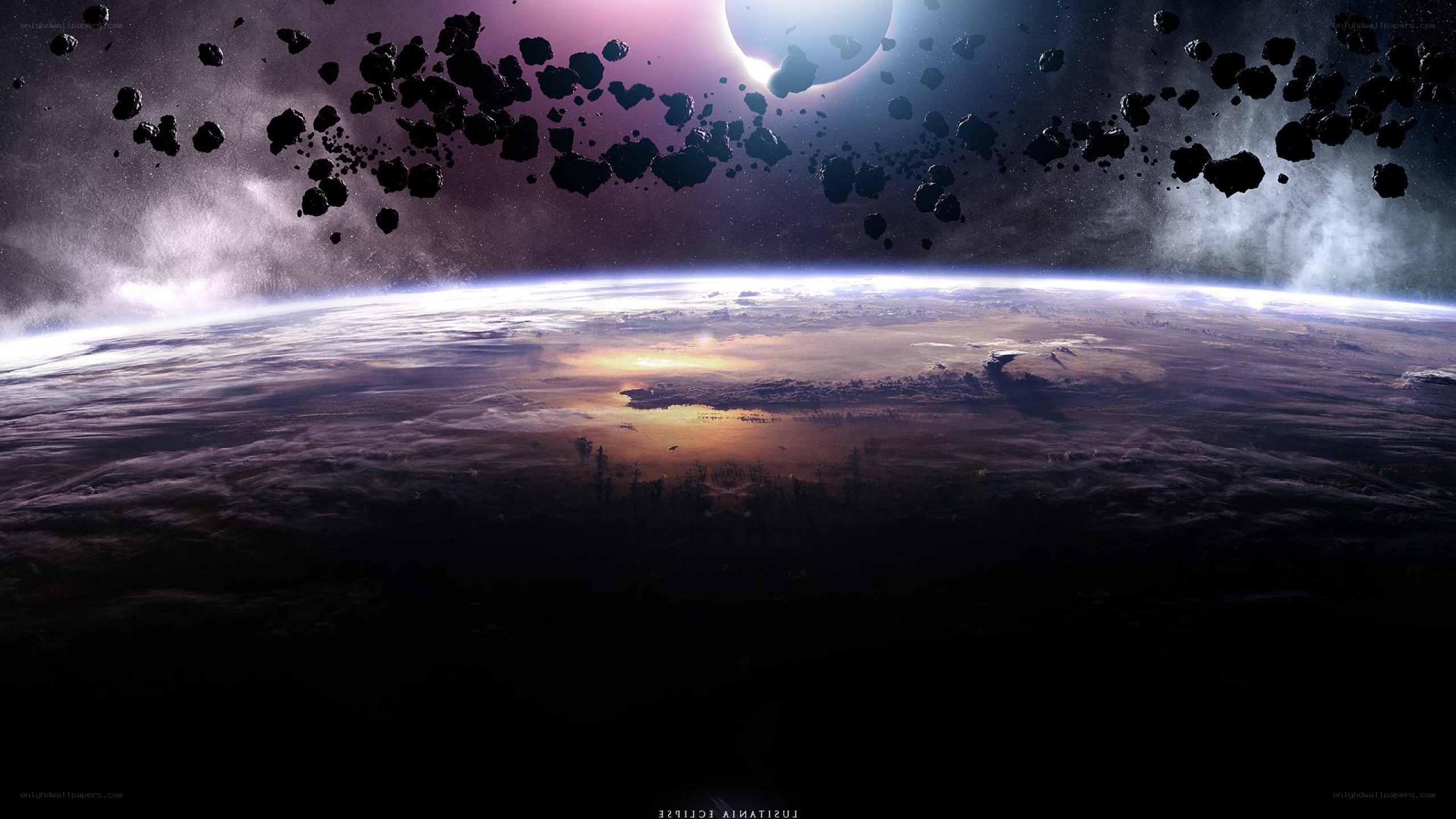 Earth from space with asteroid field