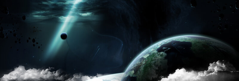 Earth from space with asteroid field