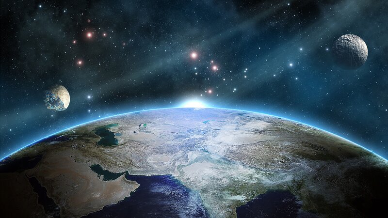 Earth from space with asteroids