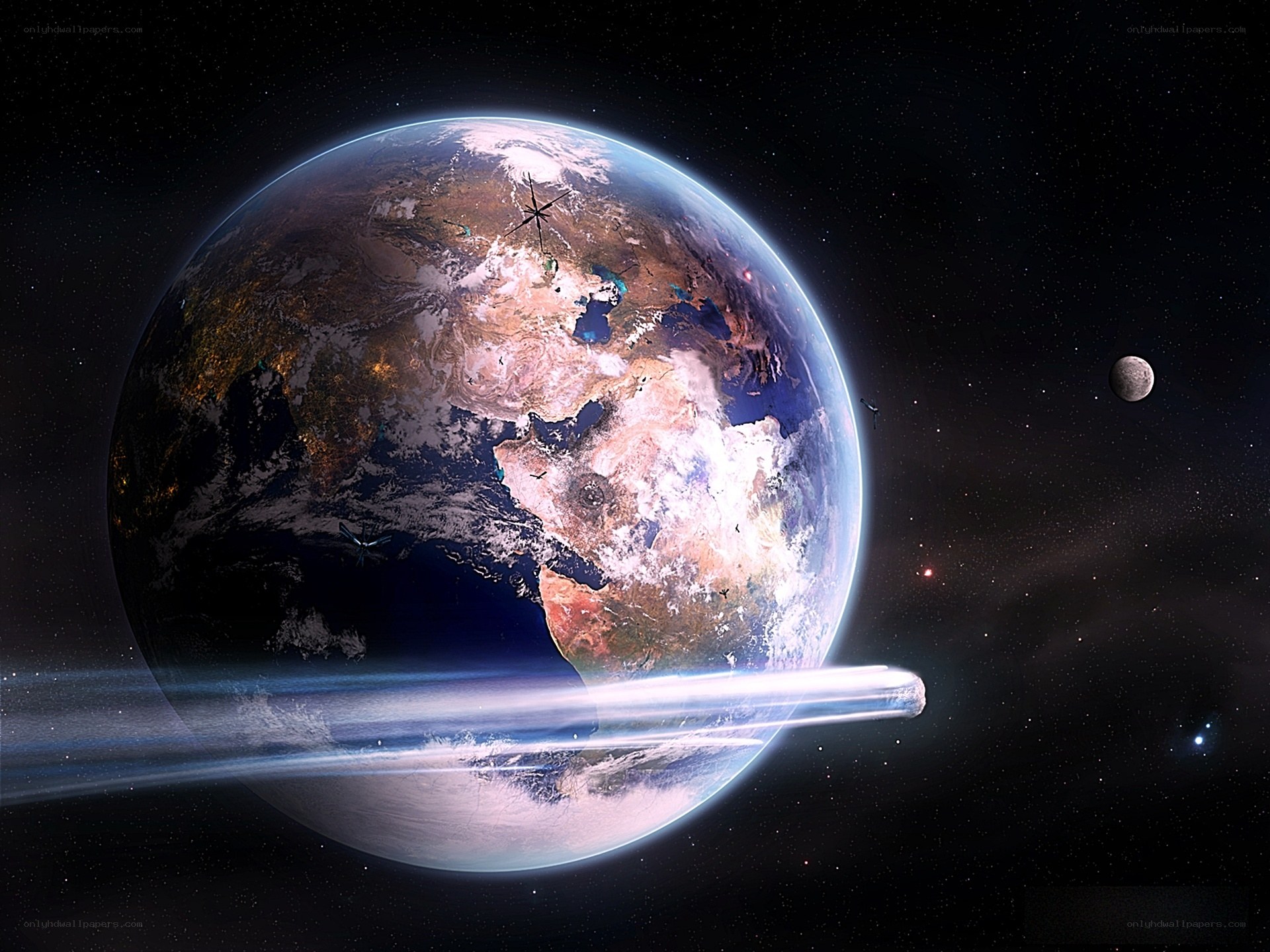 Earth from space with comet
