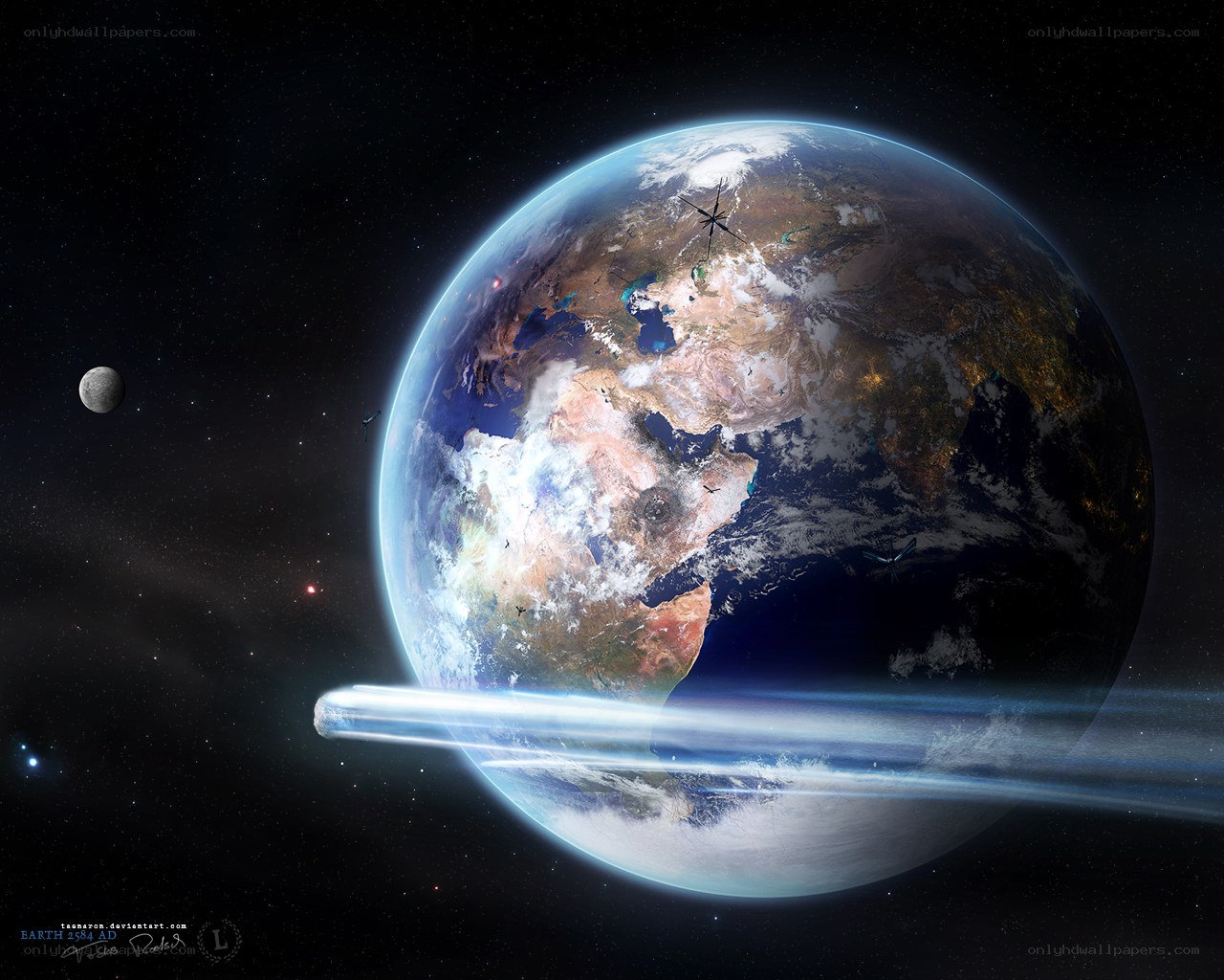 Earth from space with comet