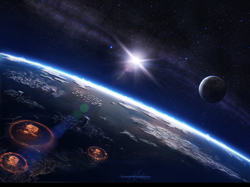 Earth from space with explosions