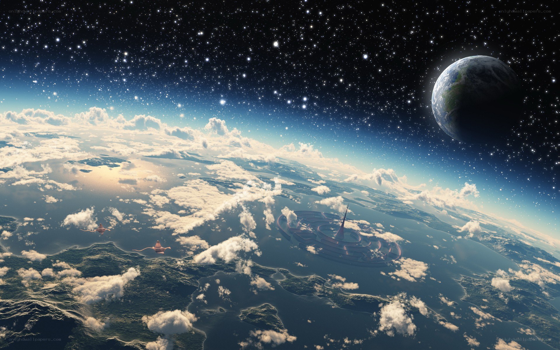 Earth from space with futuristic structures