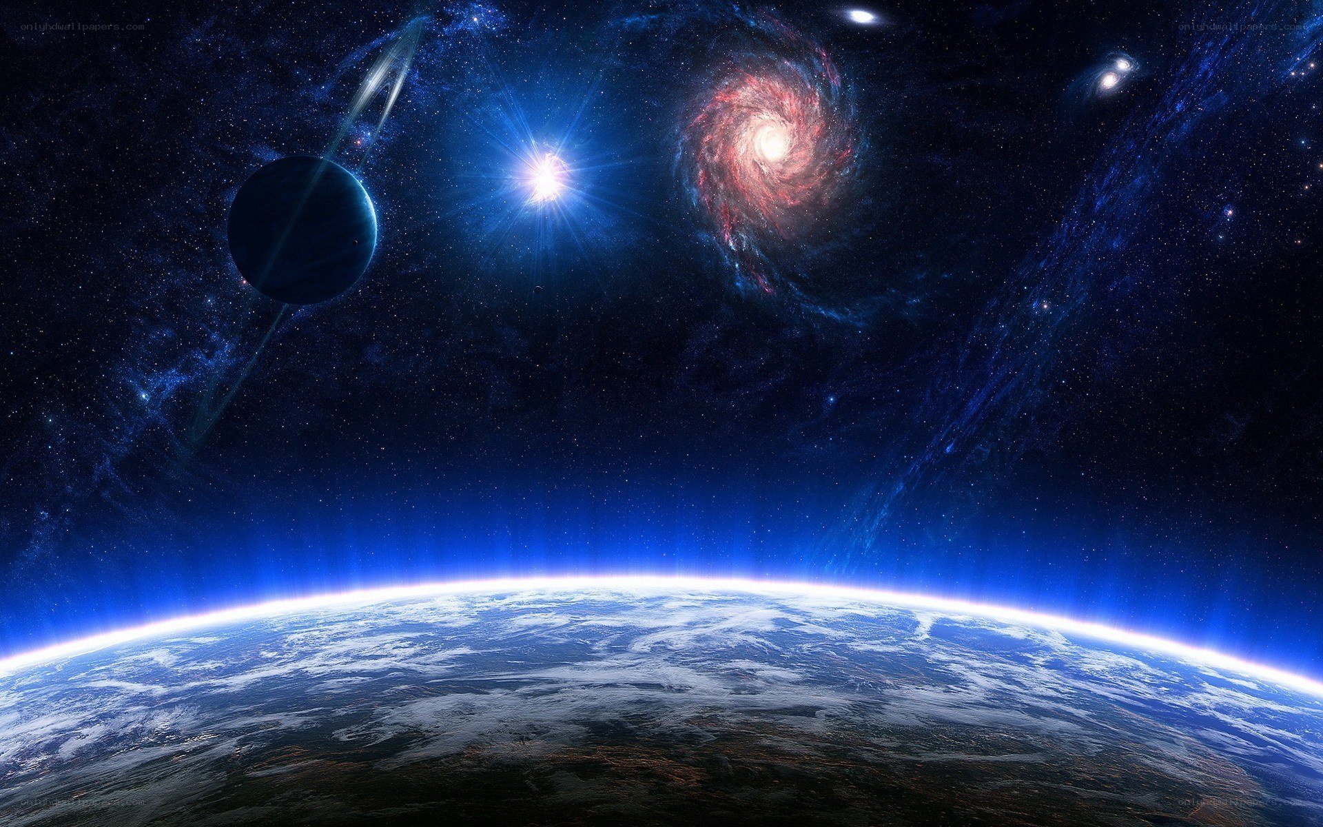 Earth from space with galaxy