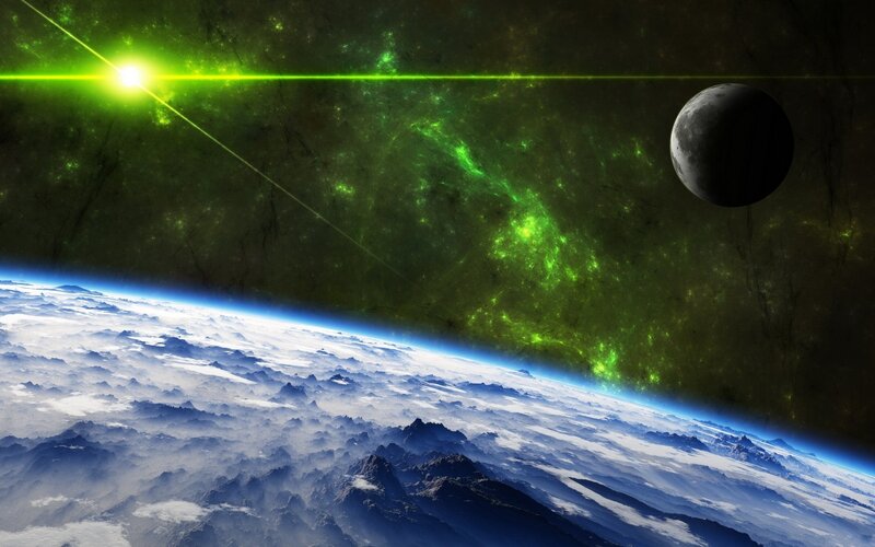 Earth from space with green nebula