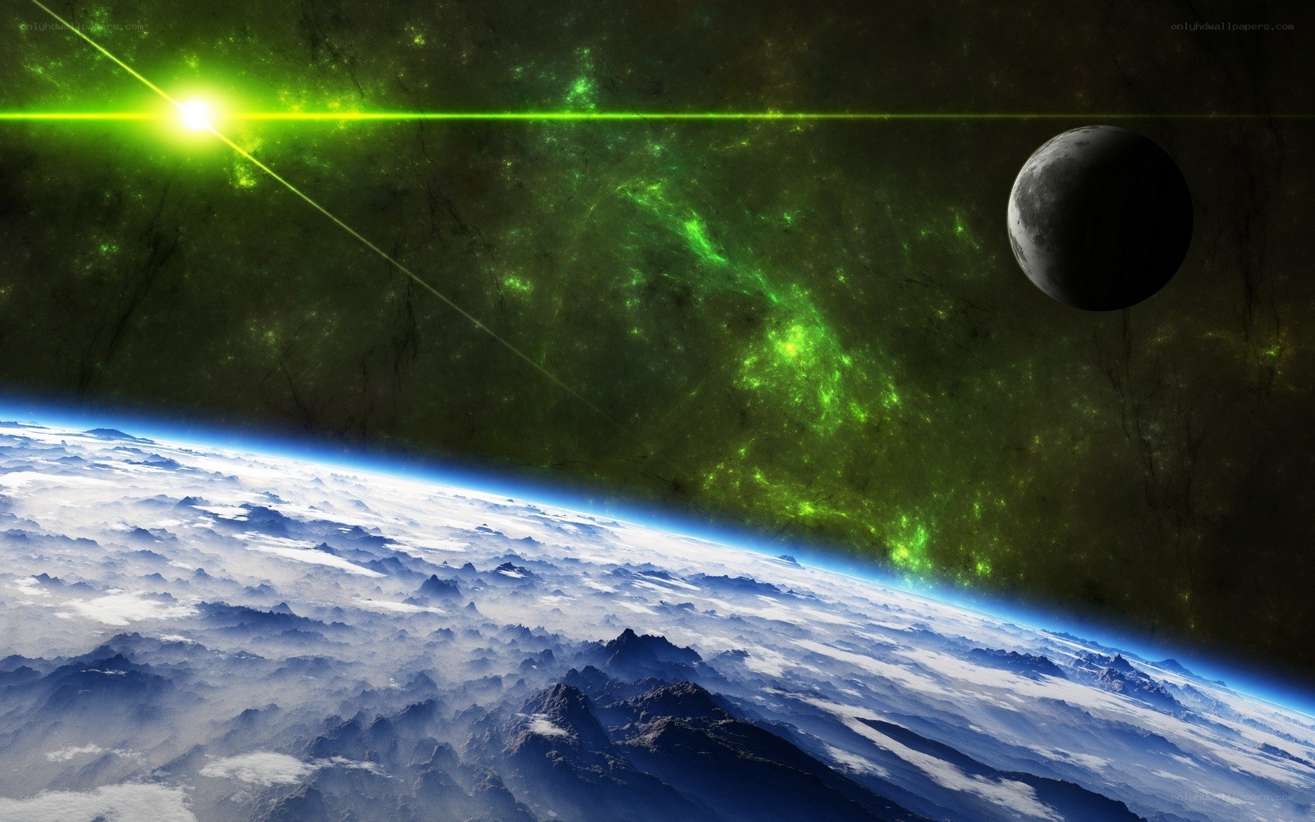 Earth from space with green nebula