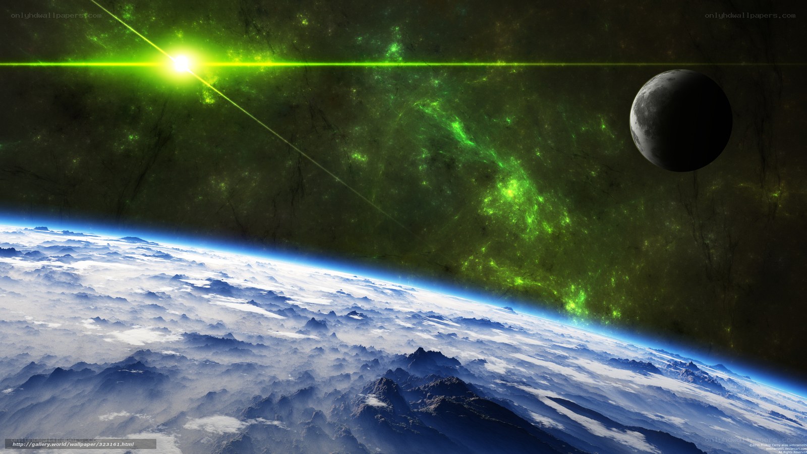 Earth from space with green nebula