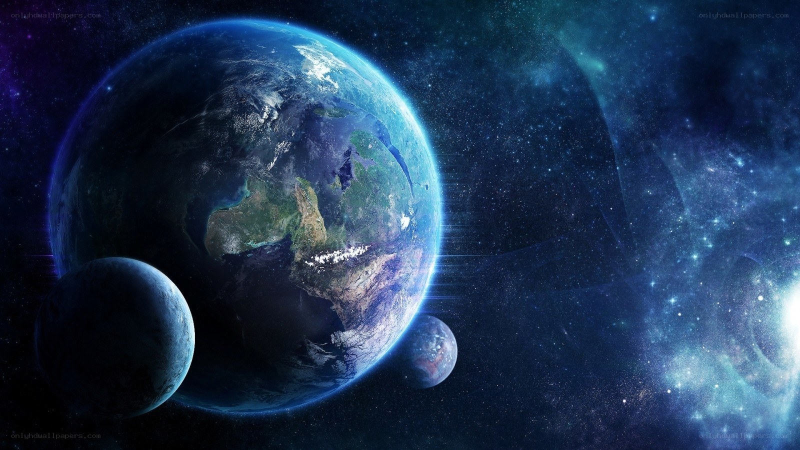 Earth from space with moons
