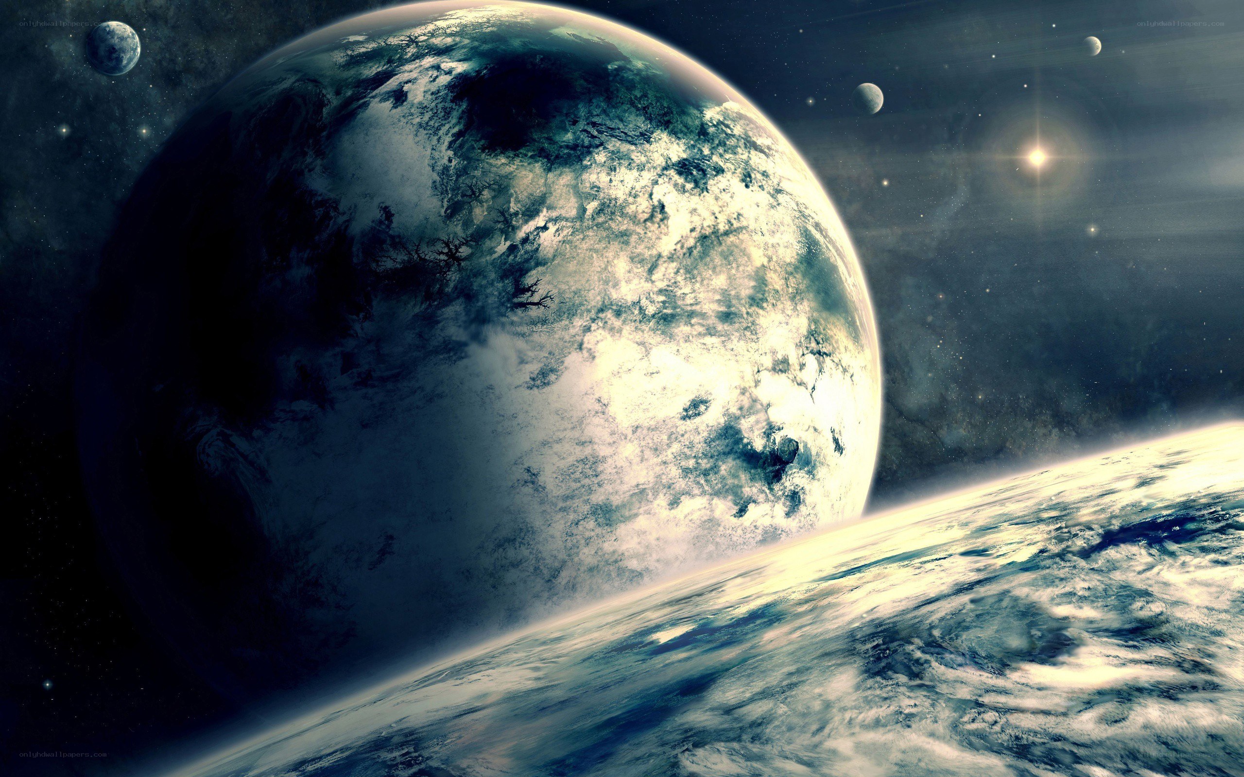 Earth from space with moons