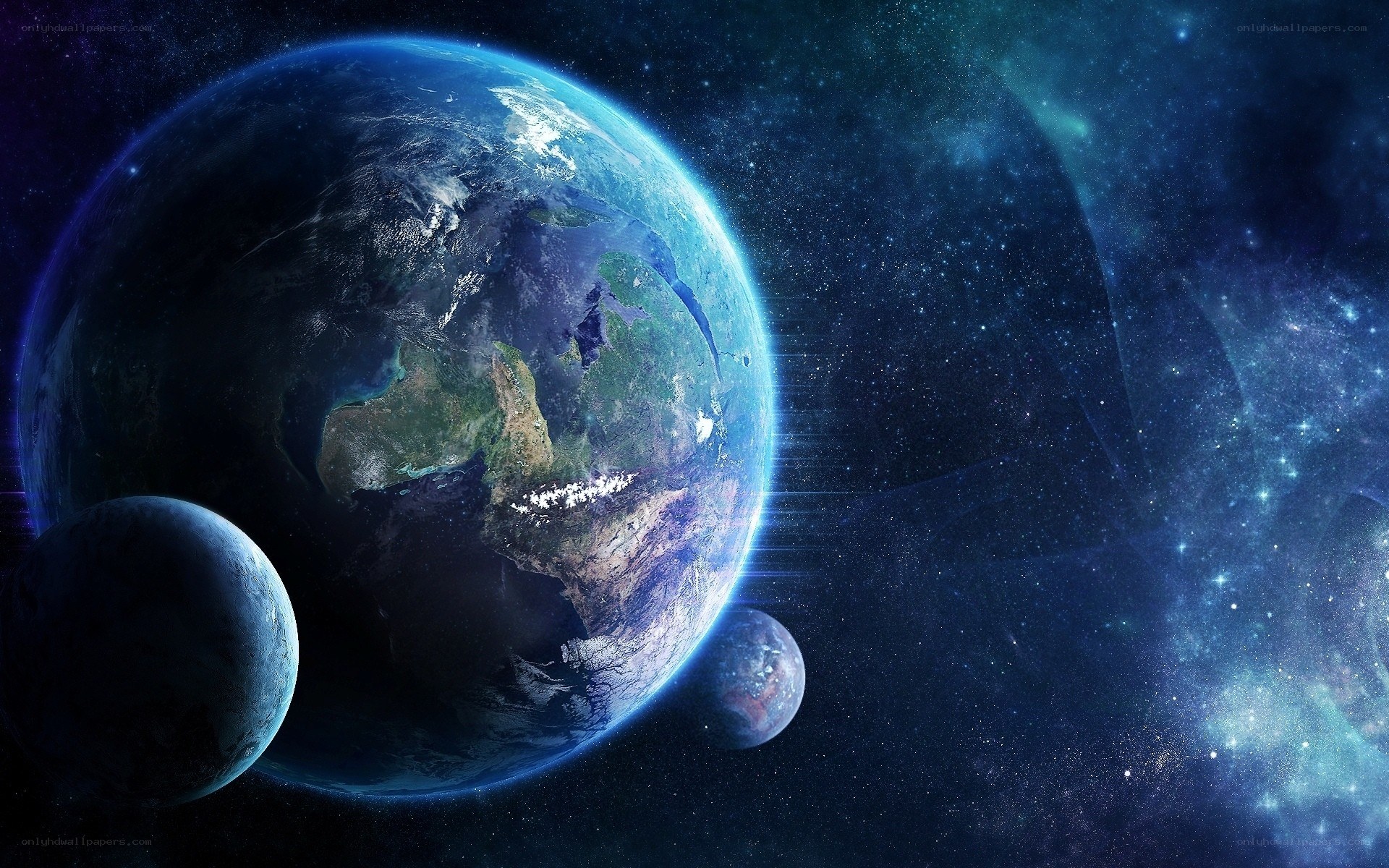 Earth from space with moons