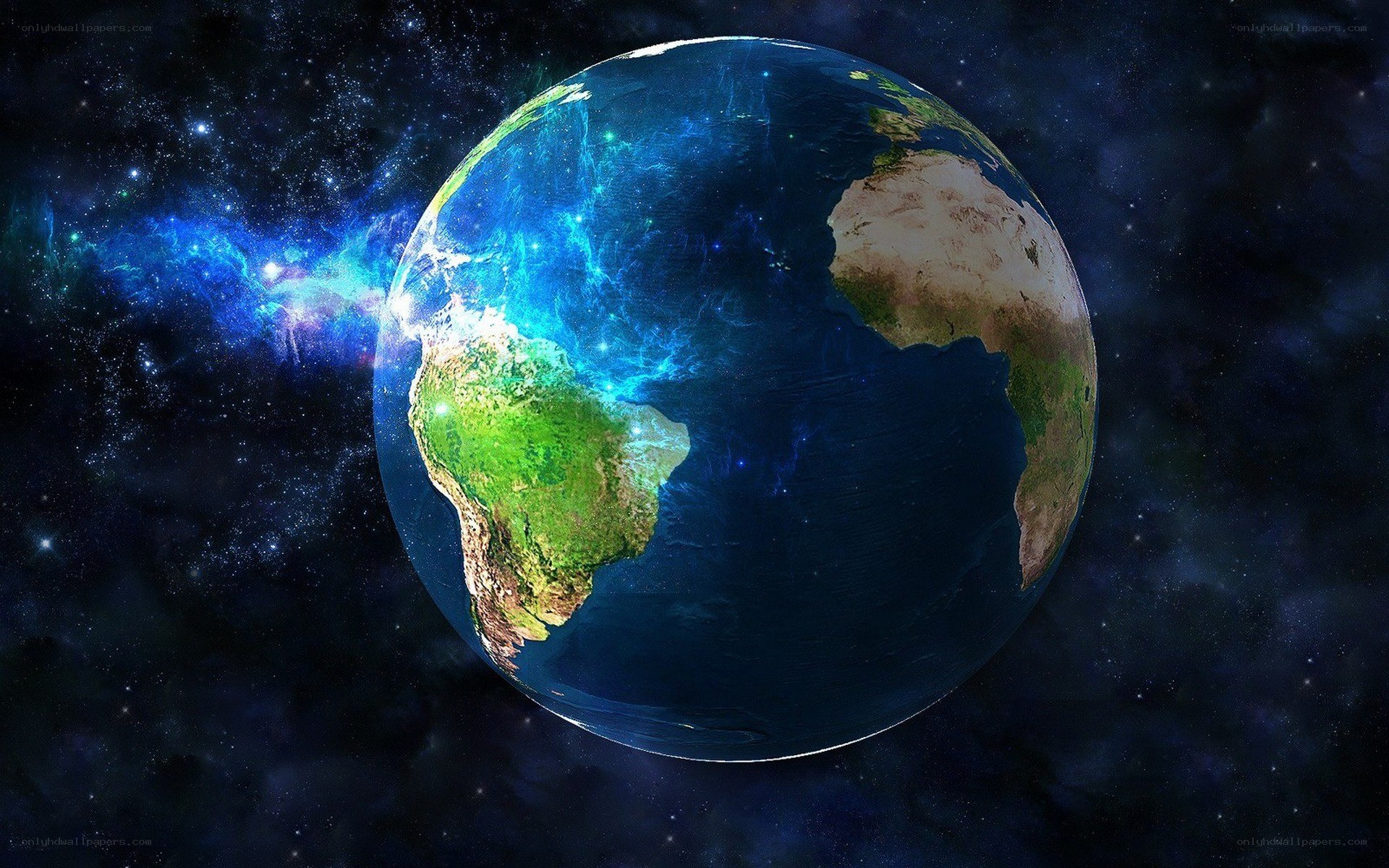 Earth from space with nebula
