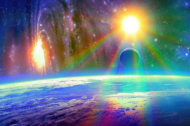 Earth from space with rainbow light