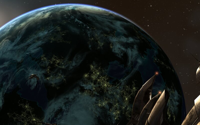 Earth from space with ships