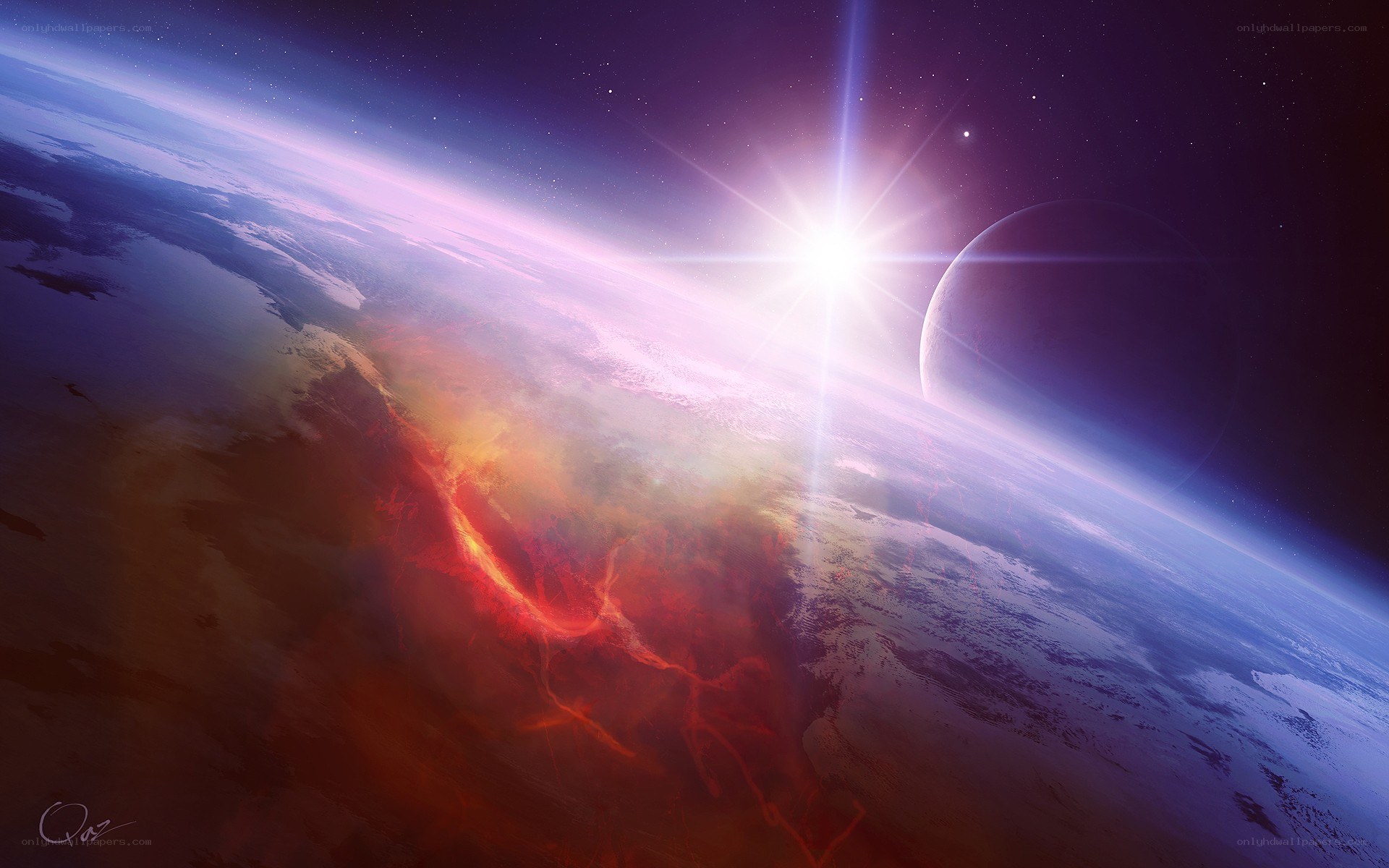 Earth from space with solar flare