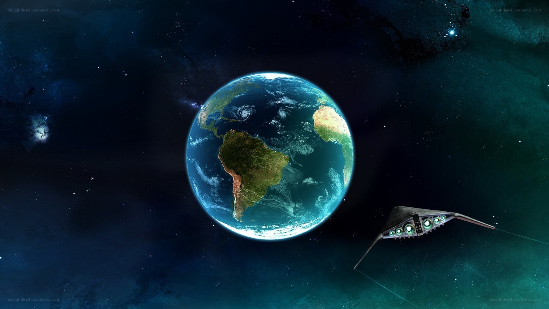 Earth from space with spaceship