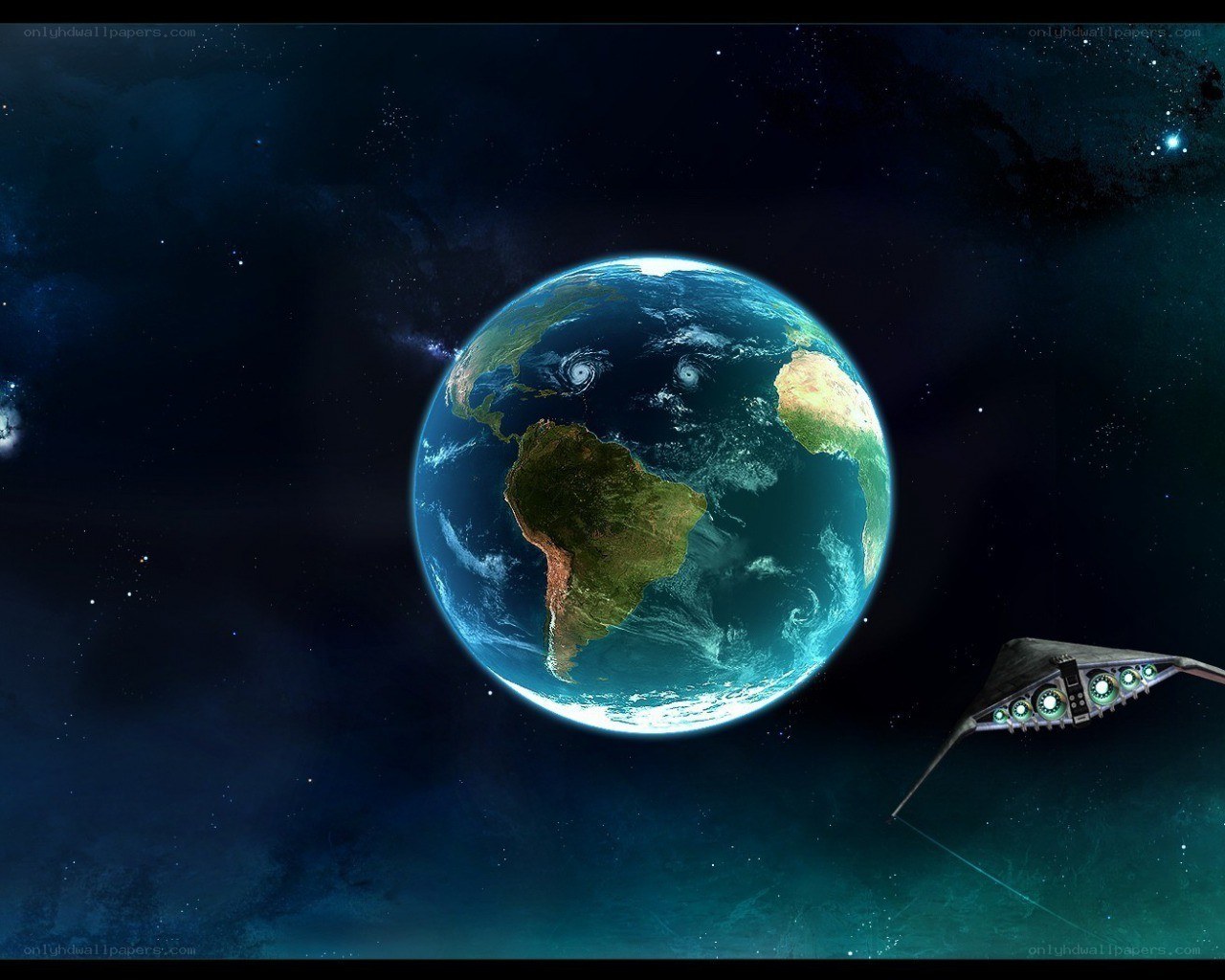 Earth from space with spaceship