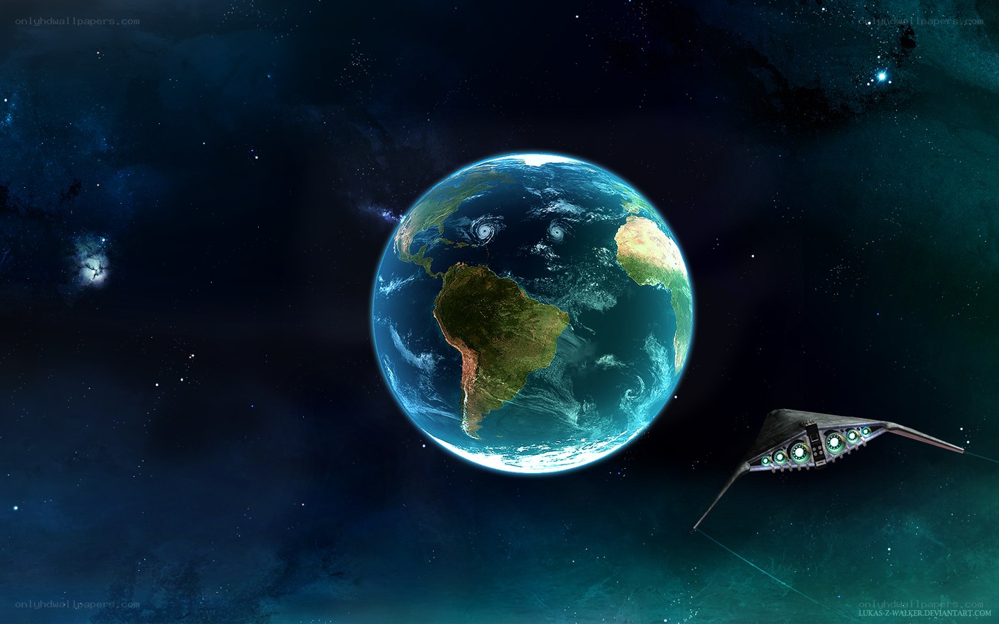 Earth from space with spaceship