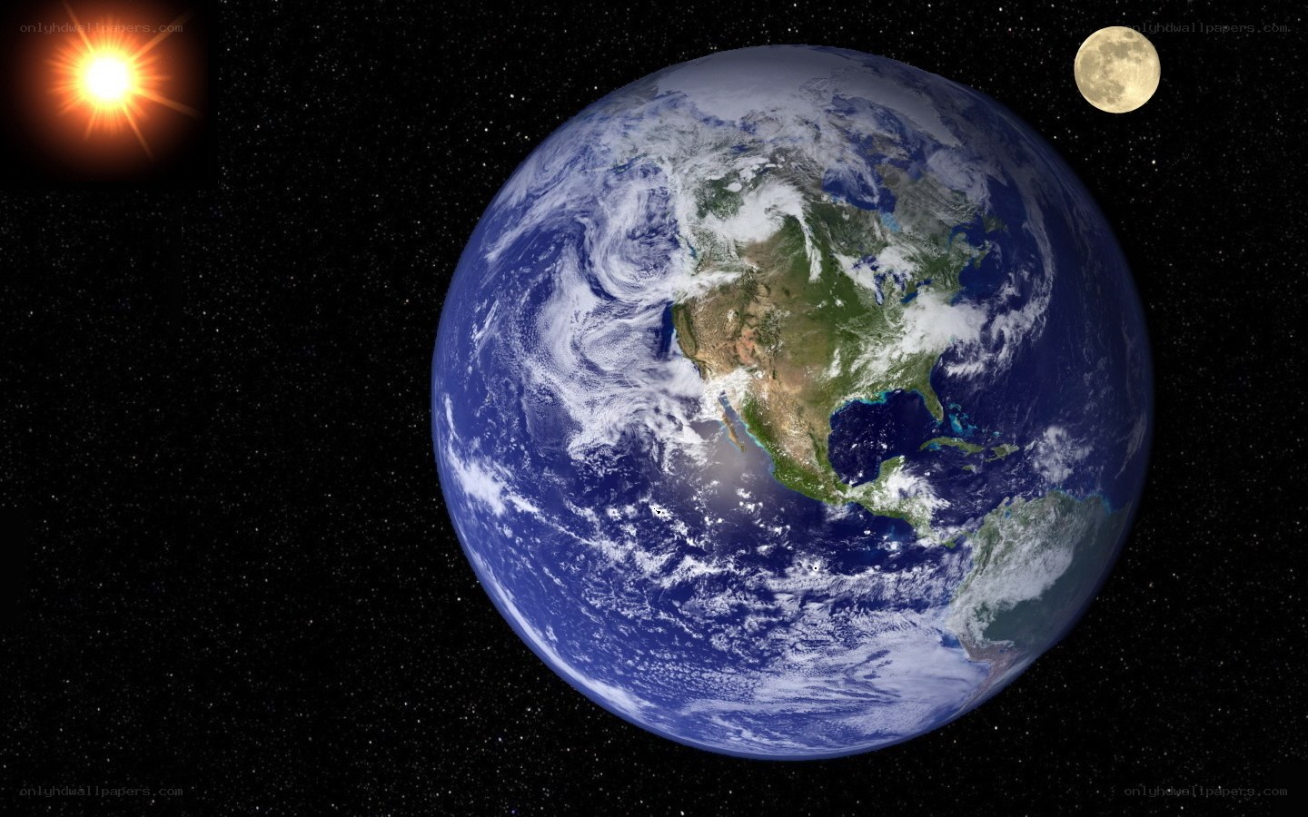 Earth from space with sun and moon