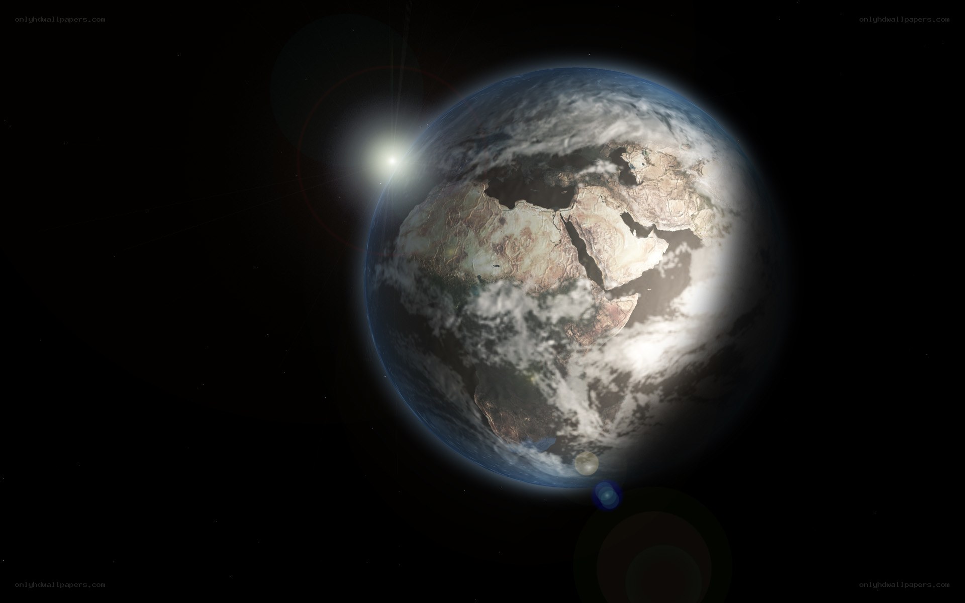 Earth from space with sun glare