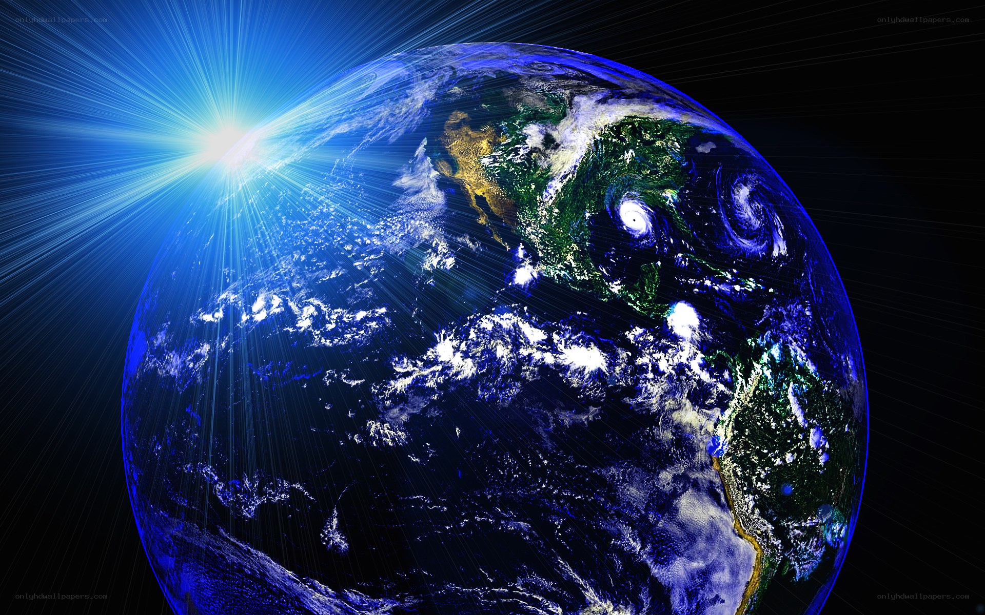 Earth from space with sunburst