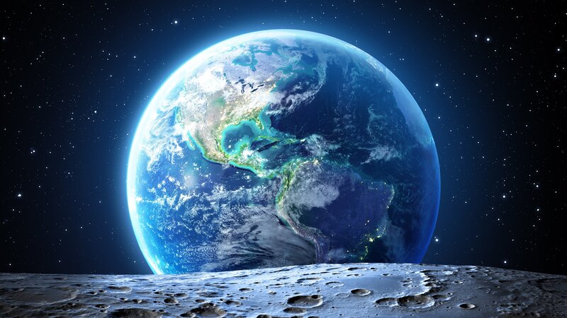 Earth from the Moon — Blue, Serene, Night, 3d Render, Moon Surface