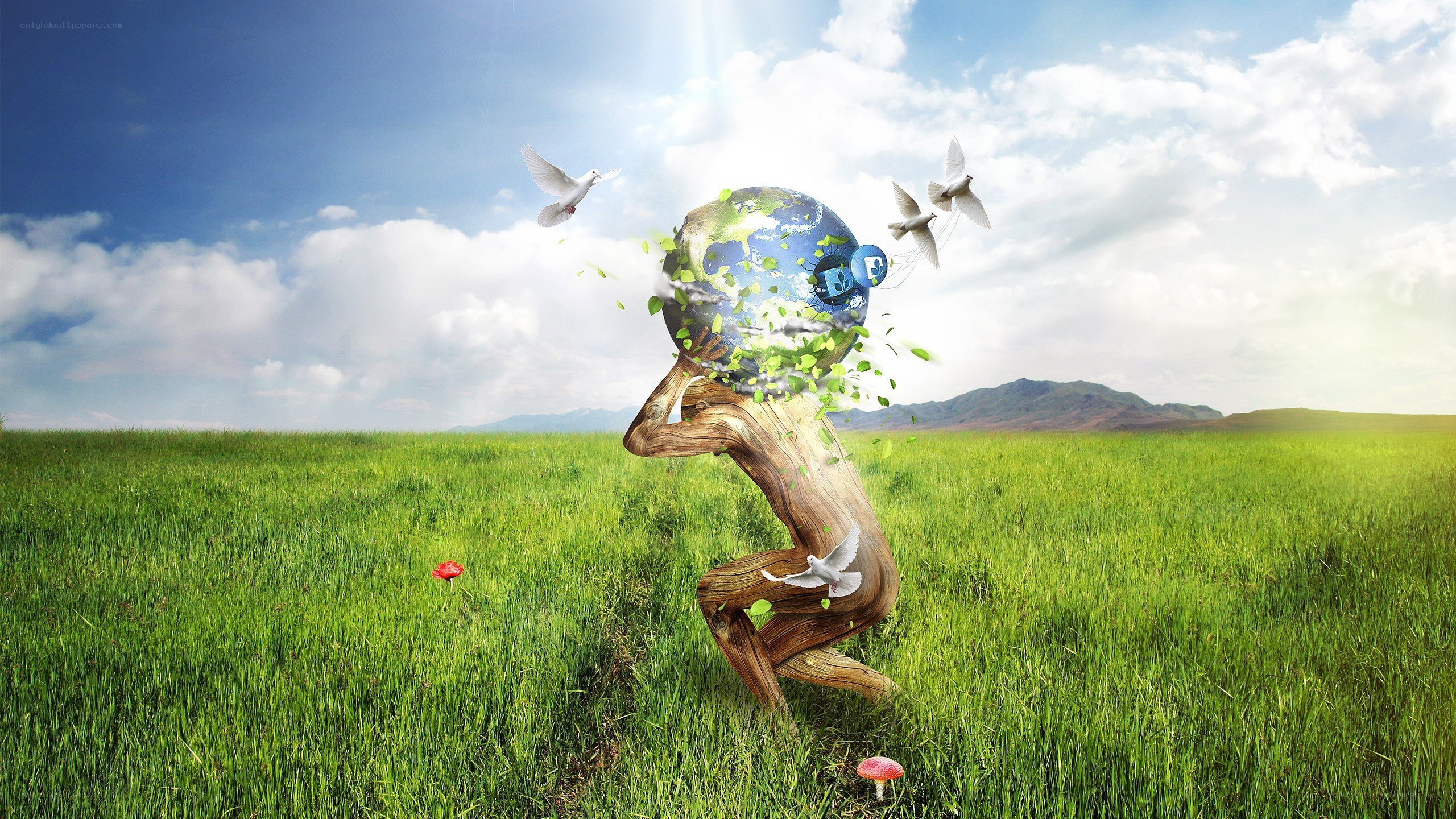 Earth held by a tree figure