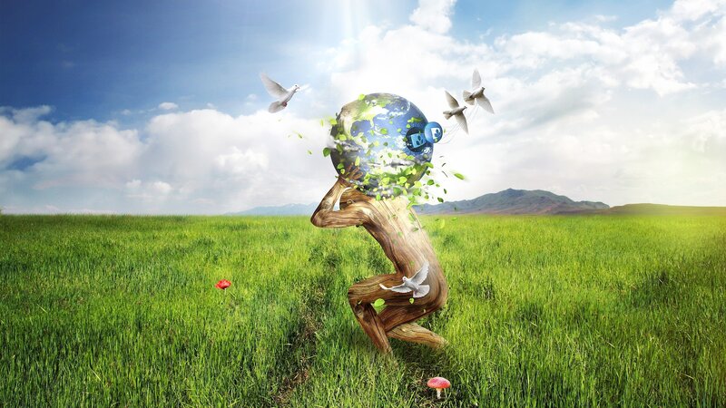 Earth held by a tree figure