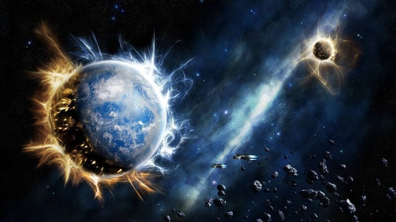 Earth in Space — Blue, Dramatic, Digital Art, Planet, Asteroids