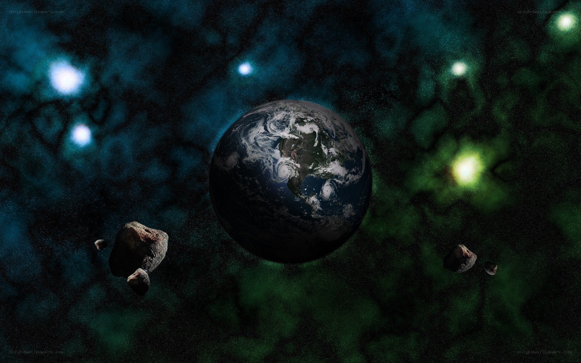 Earth in space with asteroids