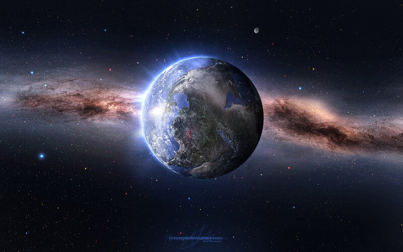 Earth in space with galaxy