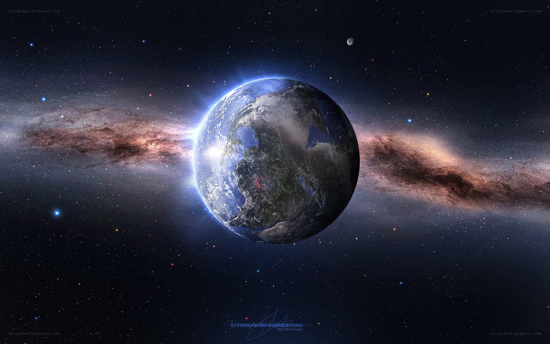 Earth in space with galaxy