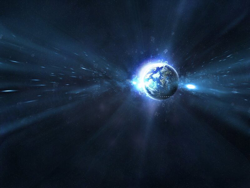 Earth in space with light beams