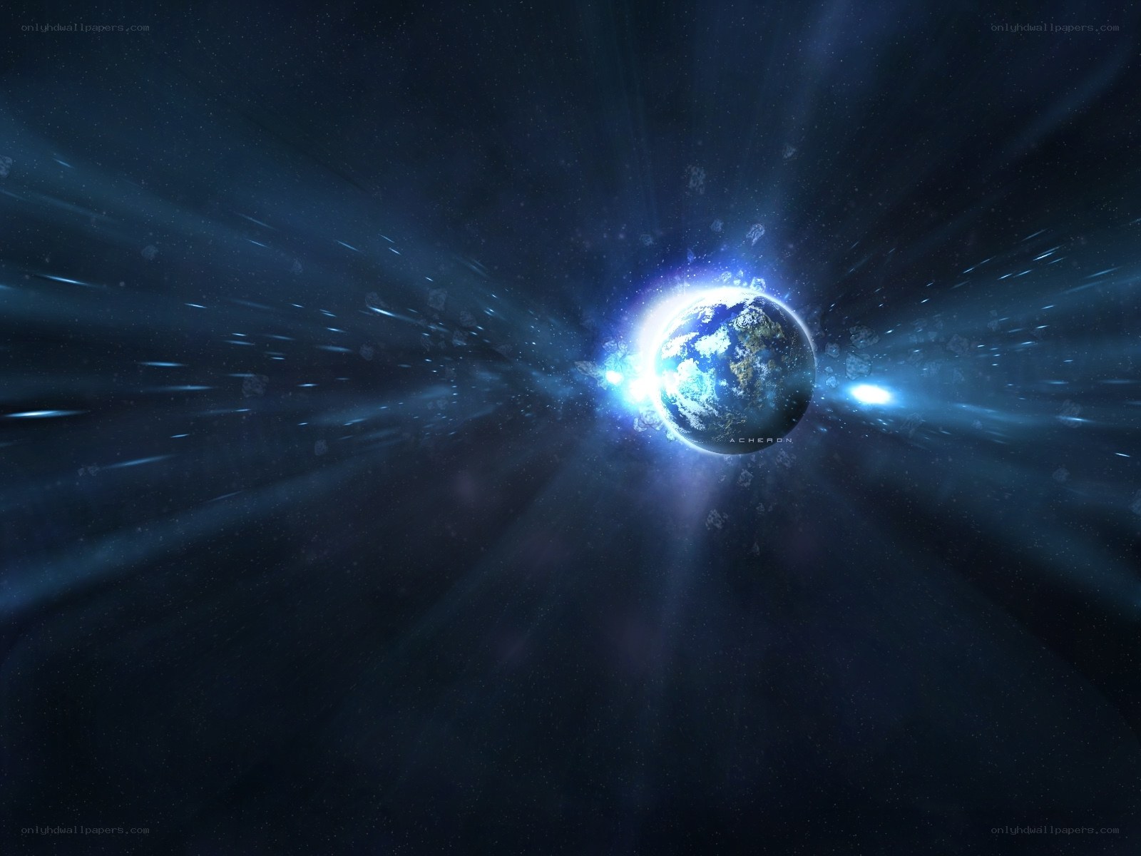 Earth in space with light beams