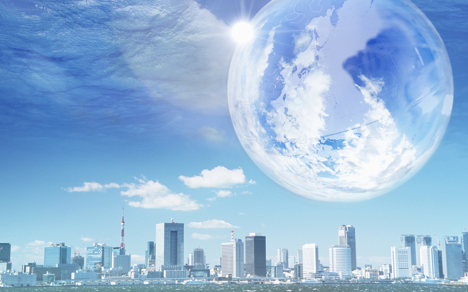 Earth over city skyline