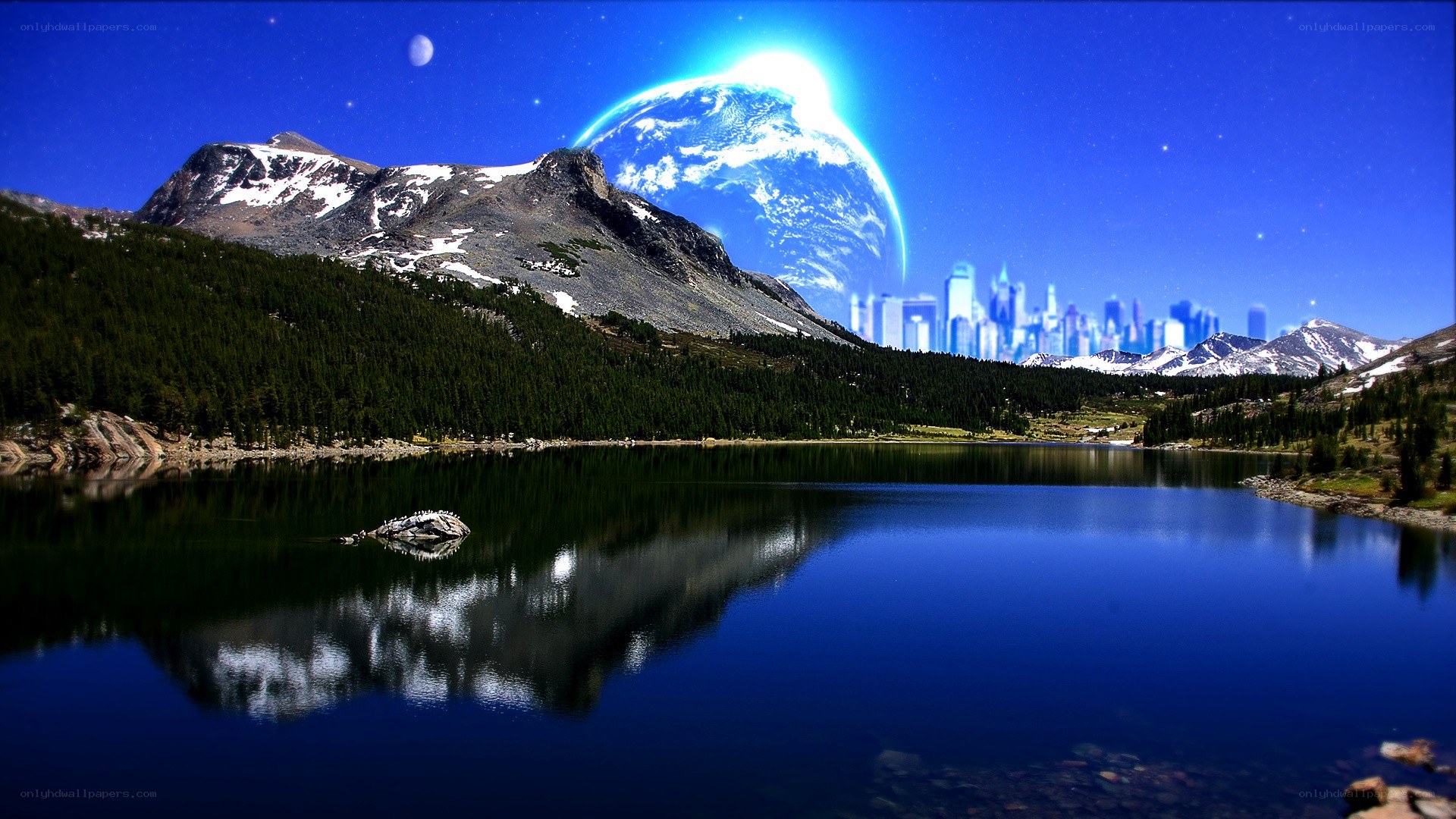 Earth over mountain lake