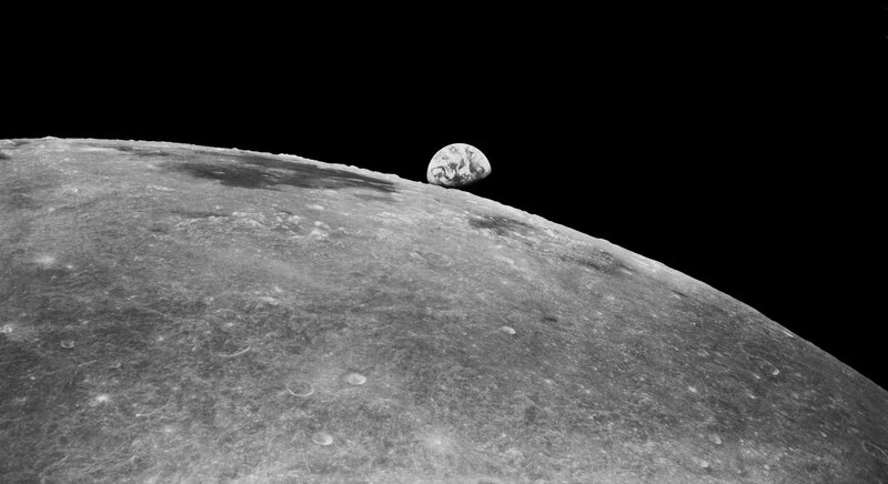 Earth Rising over Moon — Gray, Dramatic, Photograph, Moon Surface, Black