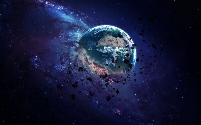 Earth Surrounded by Asteroids — Blue