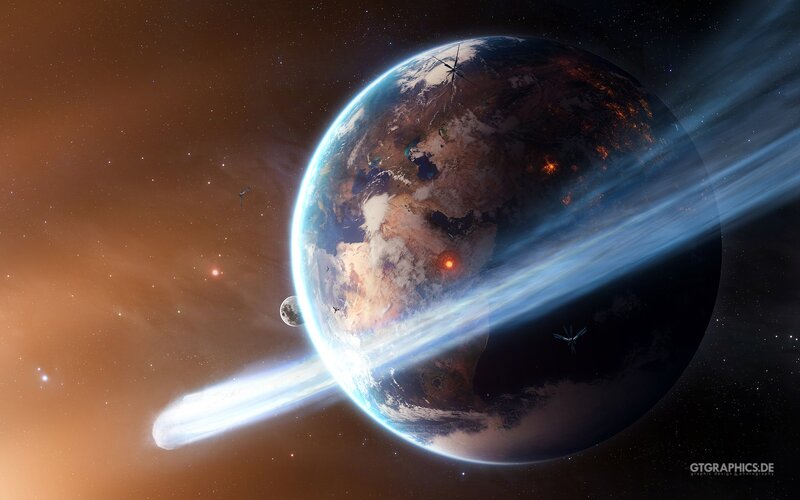 Earth with Comet and Moon — Blue, Dramatic