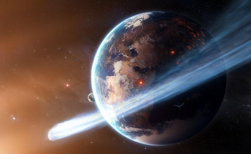Earth with Comet and Moon — Blue