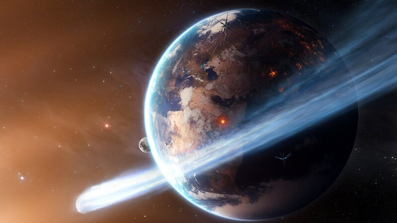 Earth with Comet and Satellites — Blue
