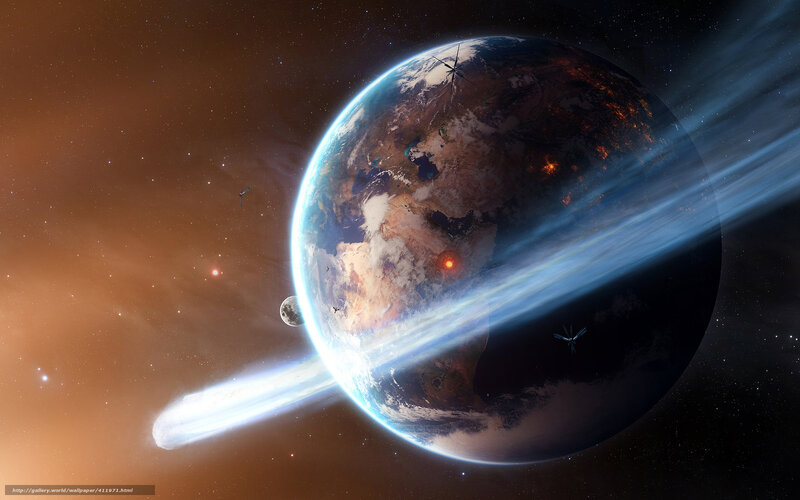 Earth with comet and satellites